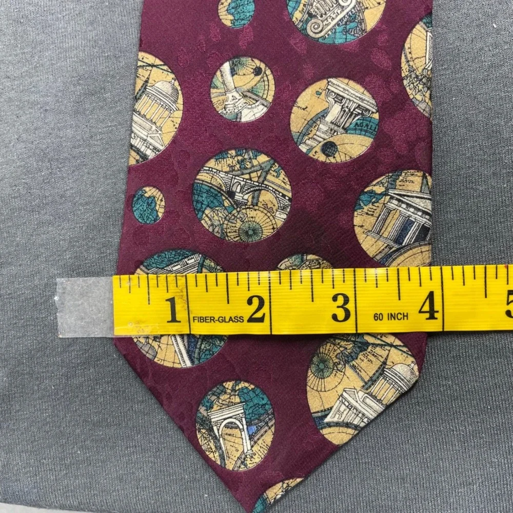 Structure Men Tie Silk Burgundy Architecture Greek Roman Column Vintage 90s Wide